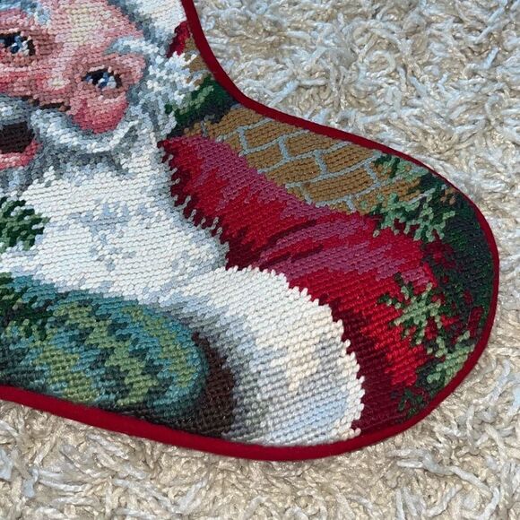 VINTAGE SANTA CLAUS CHRISTMAS STOCKING CROSS STITCH HANDMADE USA RED - Picture 3 of 12